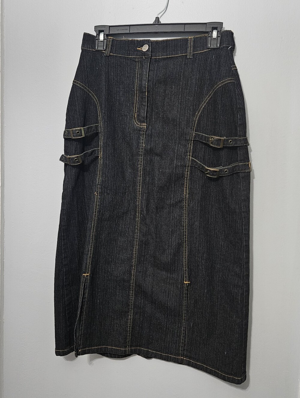 Blue Denim Midi Skirt with Decorative Strap Details - Picture 4 of 4